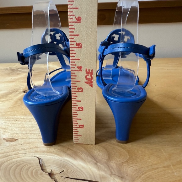 TORY BURCH MILLER WEDGE SANDALS DOUBLE T LOGO T STRAP LEATHER SLINGBACK BLUE 10 - Picture 9 of 12